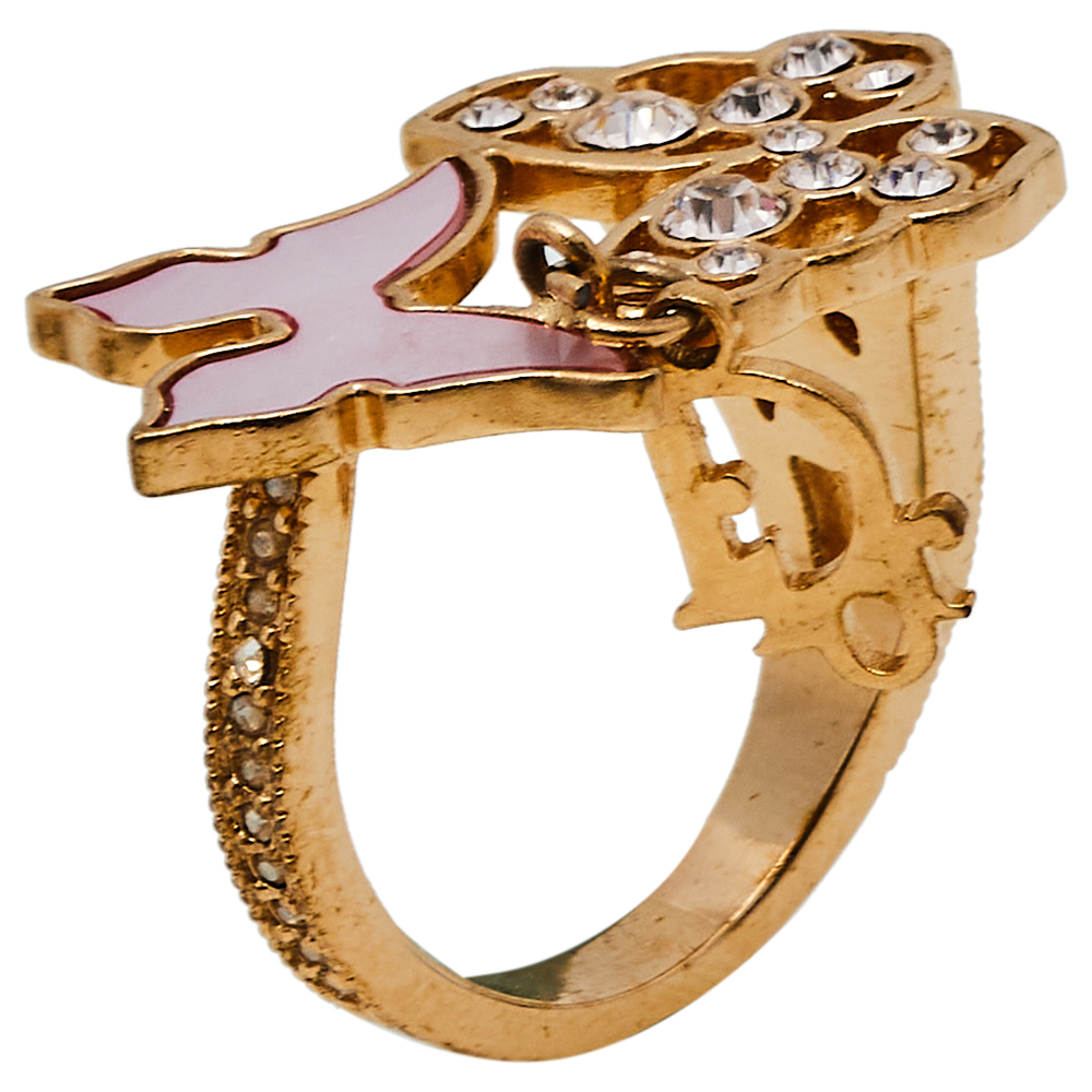 Pre Owned Dior Pink Mother of Pearl Butterfly Crystal Gold Tone Ring Size EU 57