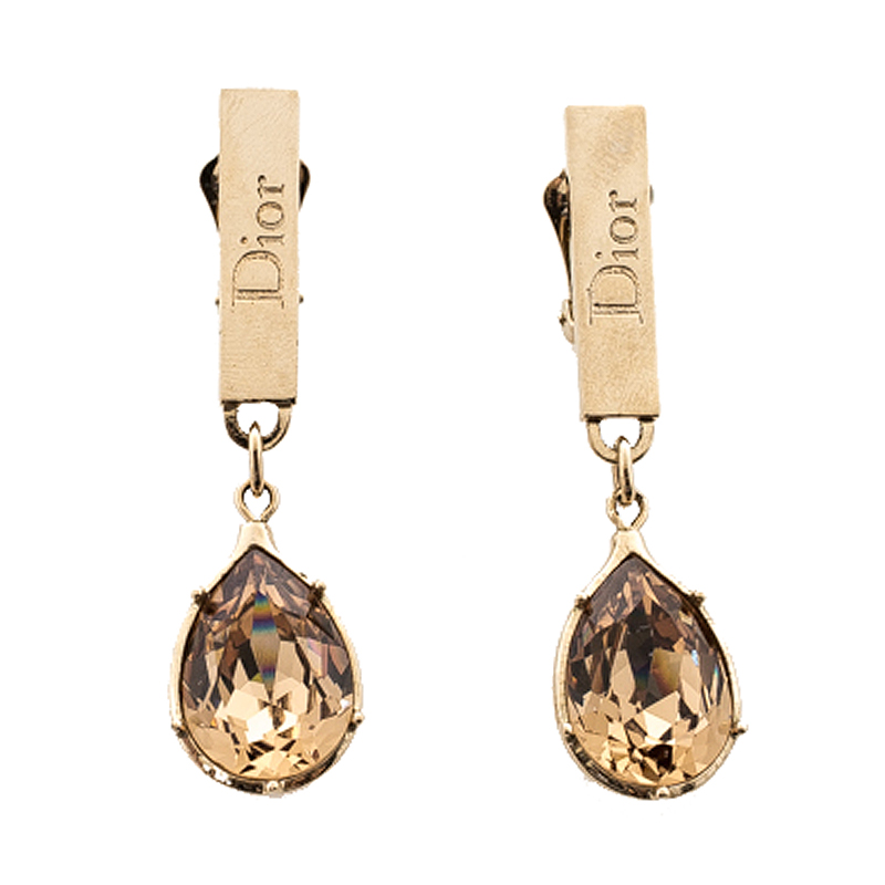Pre Owned Dior ID Brown Crystal Gold Tone Clip-on Drop Earrings