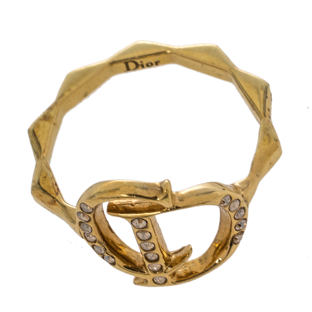 

Dior Gold Tone Crystal Embedded Logo Ring