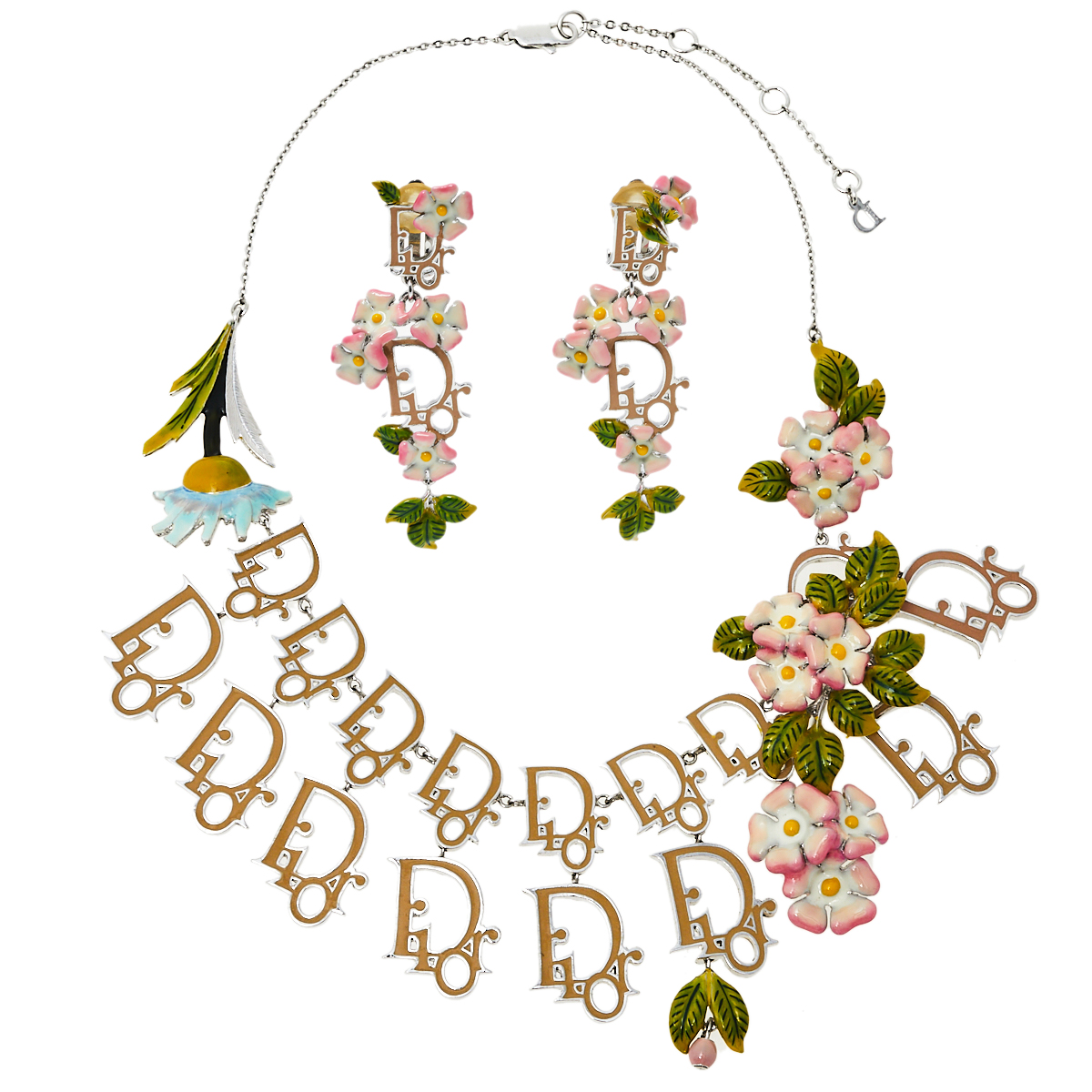 Pre Owned Dior Oblique Enamel Floral Motif Necklace & Clip On Earring Set