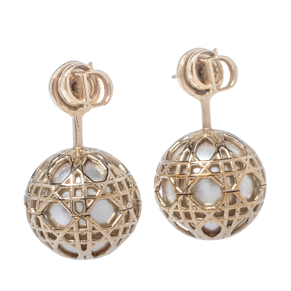 

Dior Gold Tone Faux Pearl Secret Cannage Drop Earrings