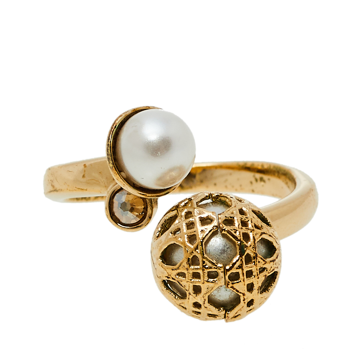 

Dior Secret Cannage Faux Pearl Crystal Gold Tone Open Ring Size