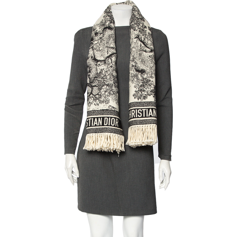 

Dior Monochrome Toile de Jouy Fringed Wool Shawl, White