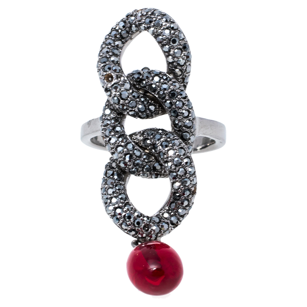 

Dior Gunmetal Tone Crystal Embellished Red Bead Drop Cocktail Ring