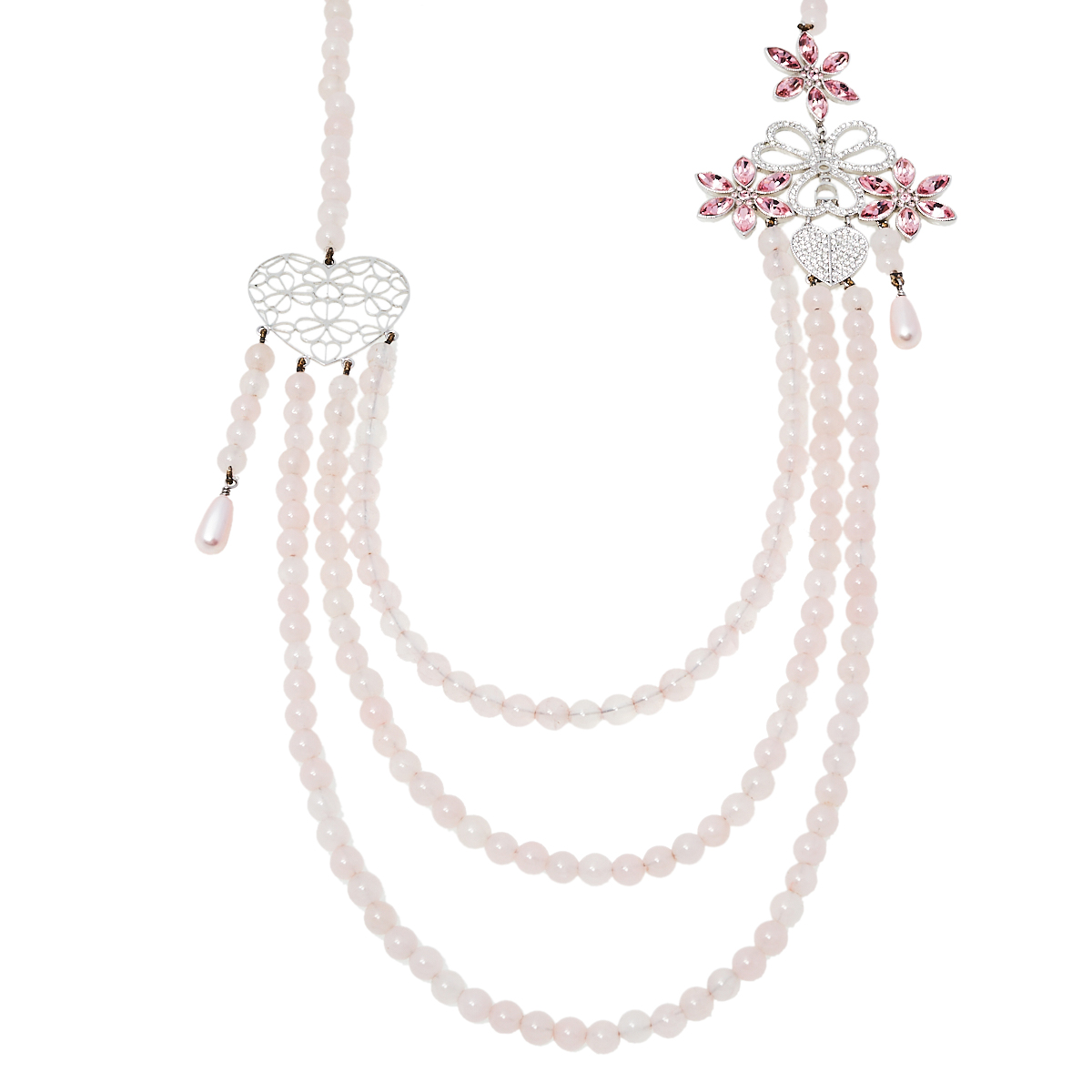 

Dior Pink Crystal Heart Flower Motif Rose Quartz Beads Multistrand Necklace