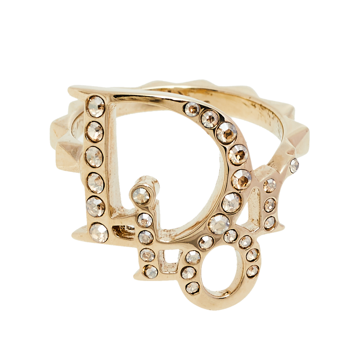 

Dior Gold Tone Crystal Embedded Logo Ring Size EU 50