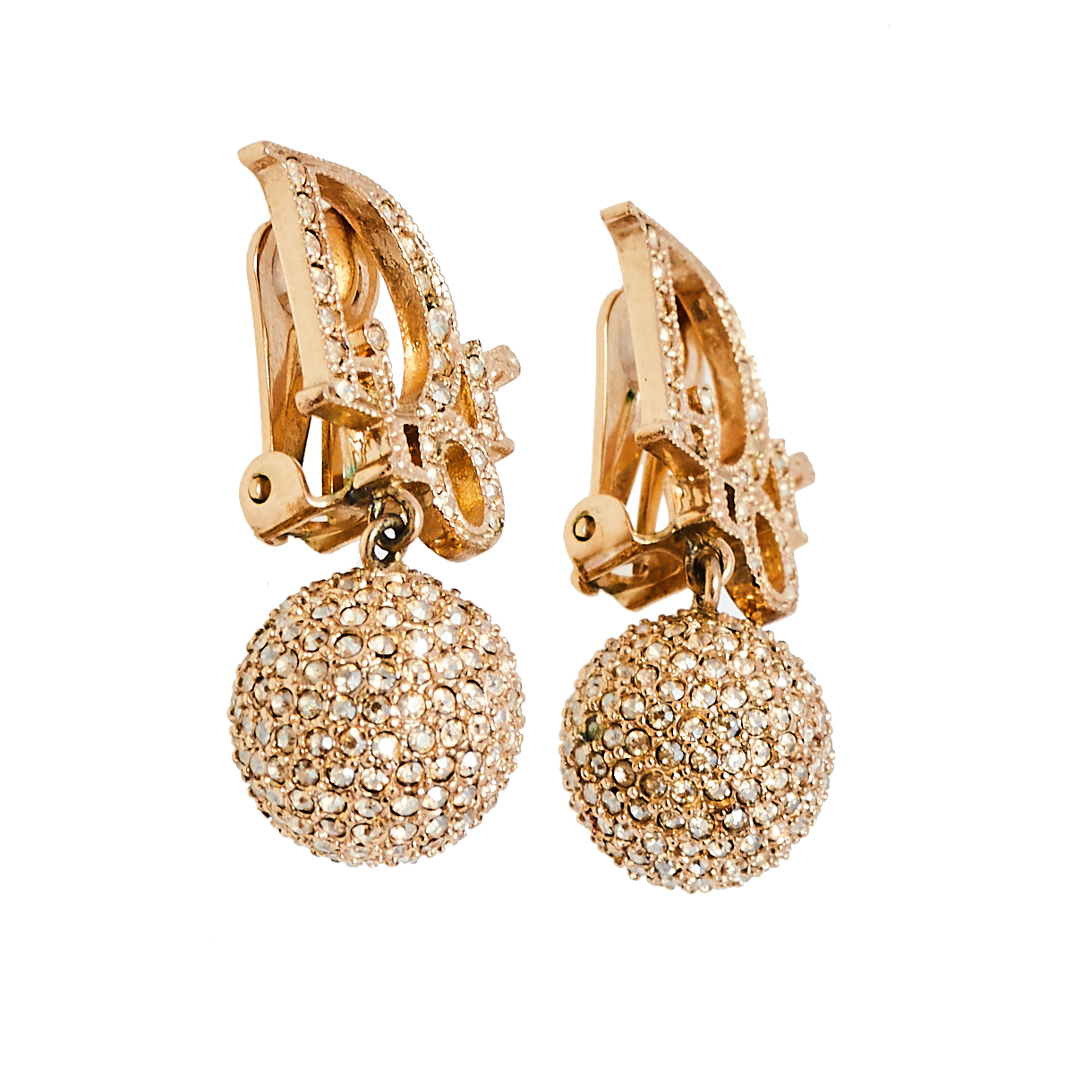 

Dior Oblique Gold Tone Crystal Ball Charm Clip On Earrings