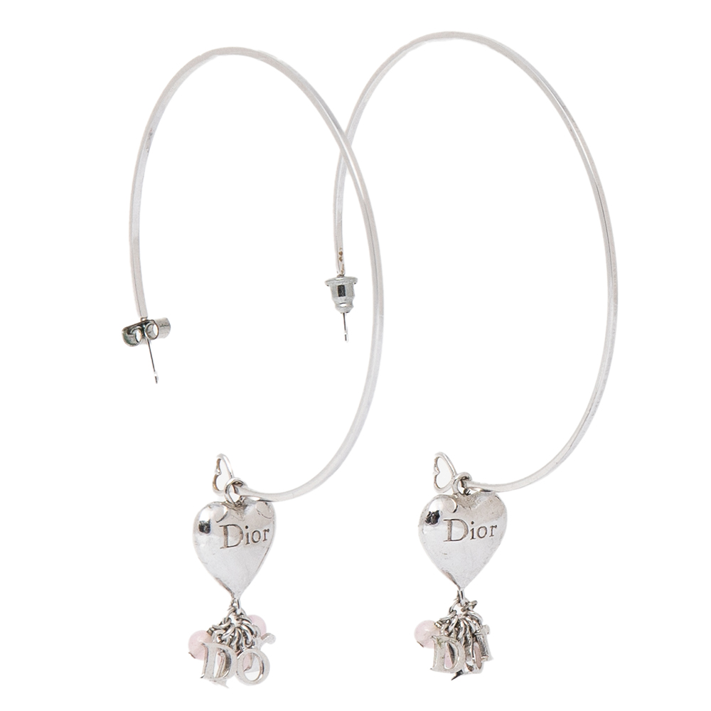 

Dior Silver Tone Logo & Heart Drop Hoop Earrings