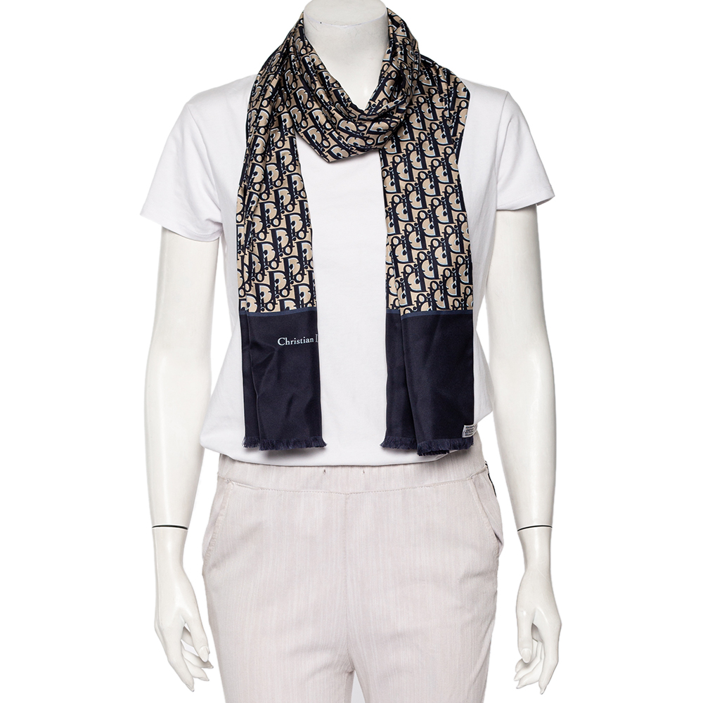 

Dior Navy Blue & Beige Trotter Printed Silk Scarf