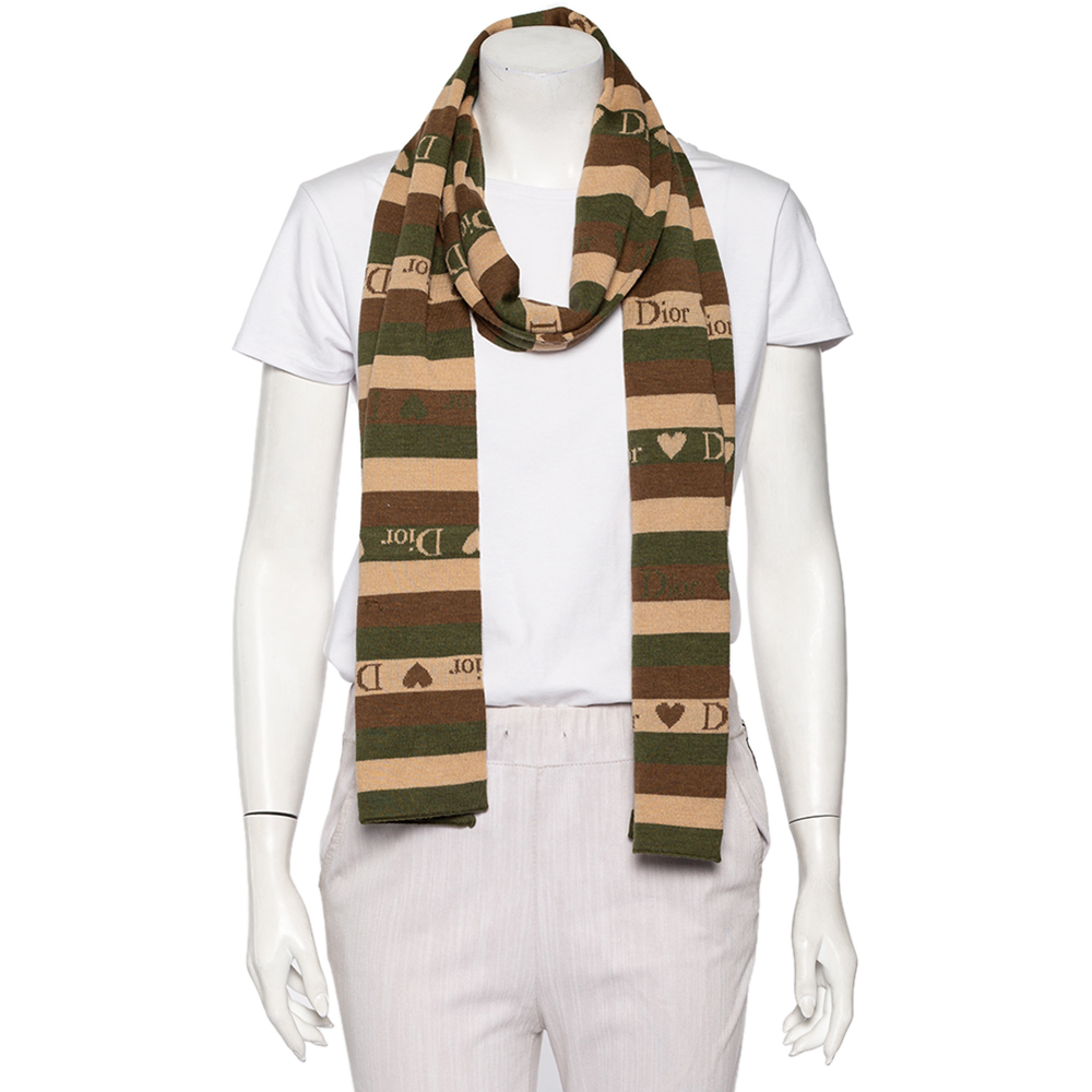 

Dior Brown Logo Heart Striped Wool & Silk Knit Scarf