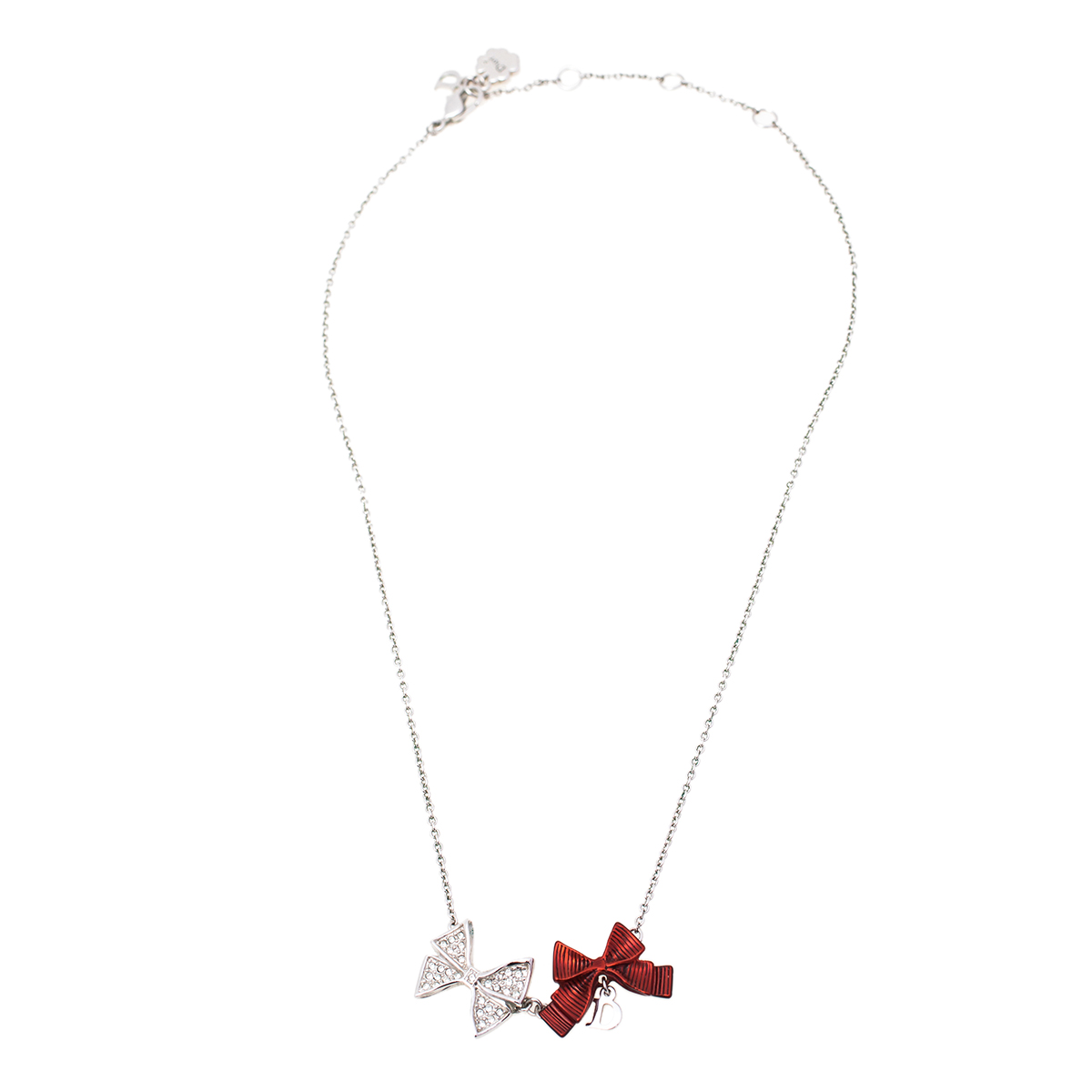 

Dior Crystal Silver/Red Tone Textured Bow Pendant Necklace