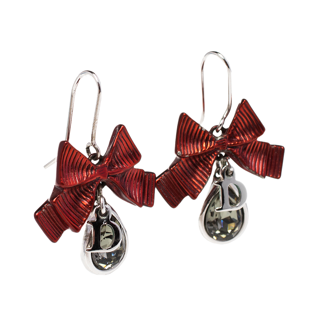 

Dior Crystal Silver/Red Tone Textured Bow Drop Earrings
