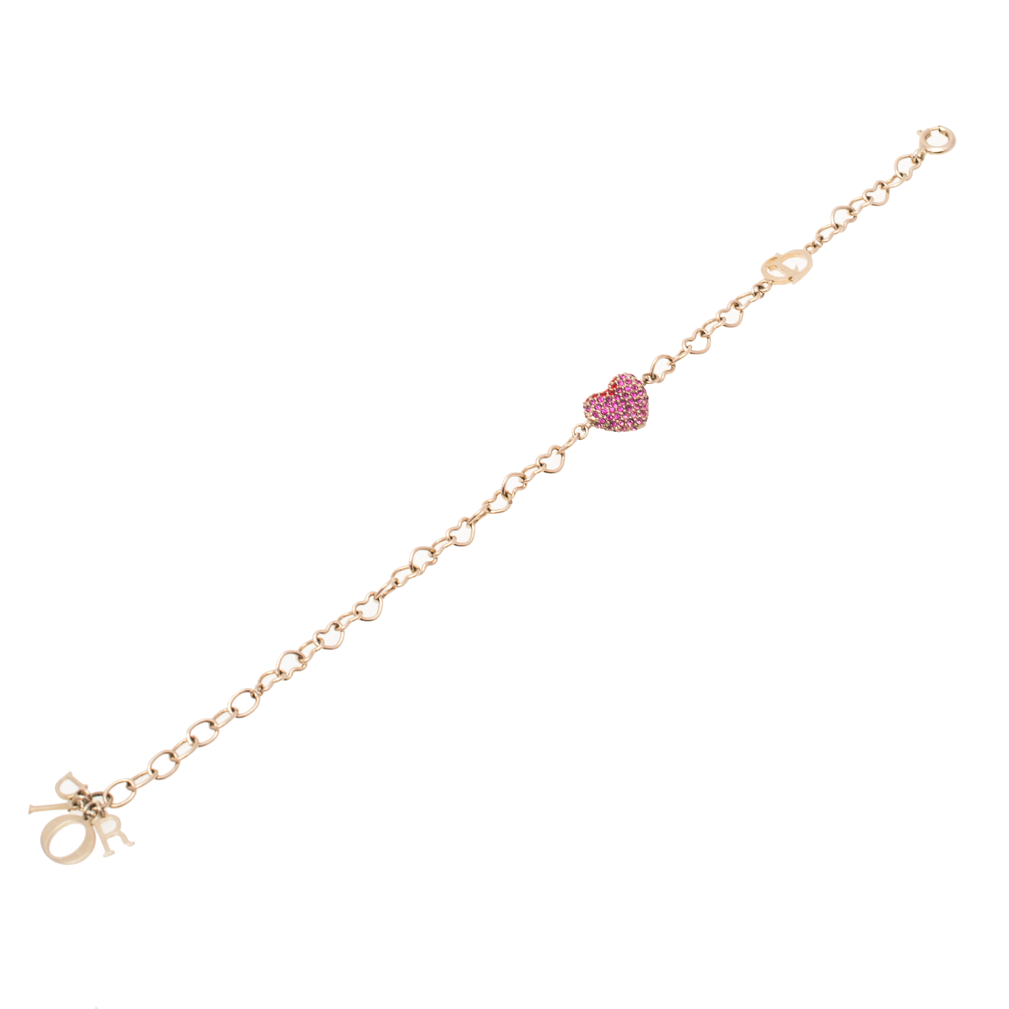 

Dior Gold Tone Pink & Red Crystal Studded Heart Charm Bracelet