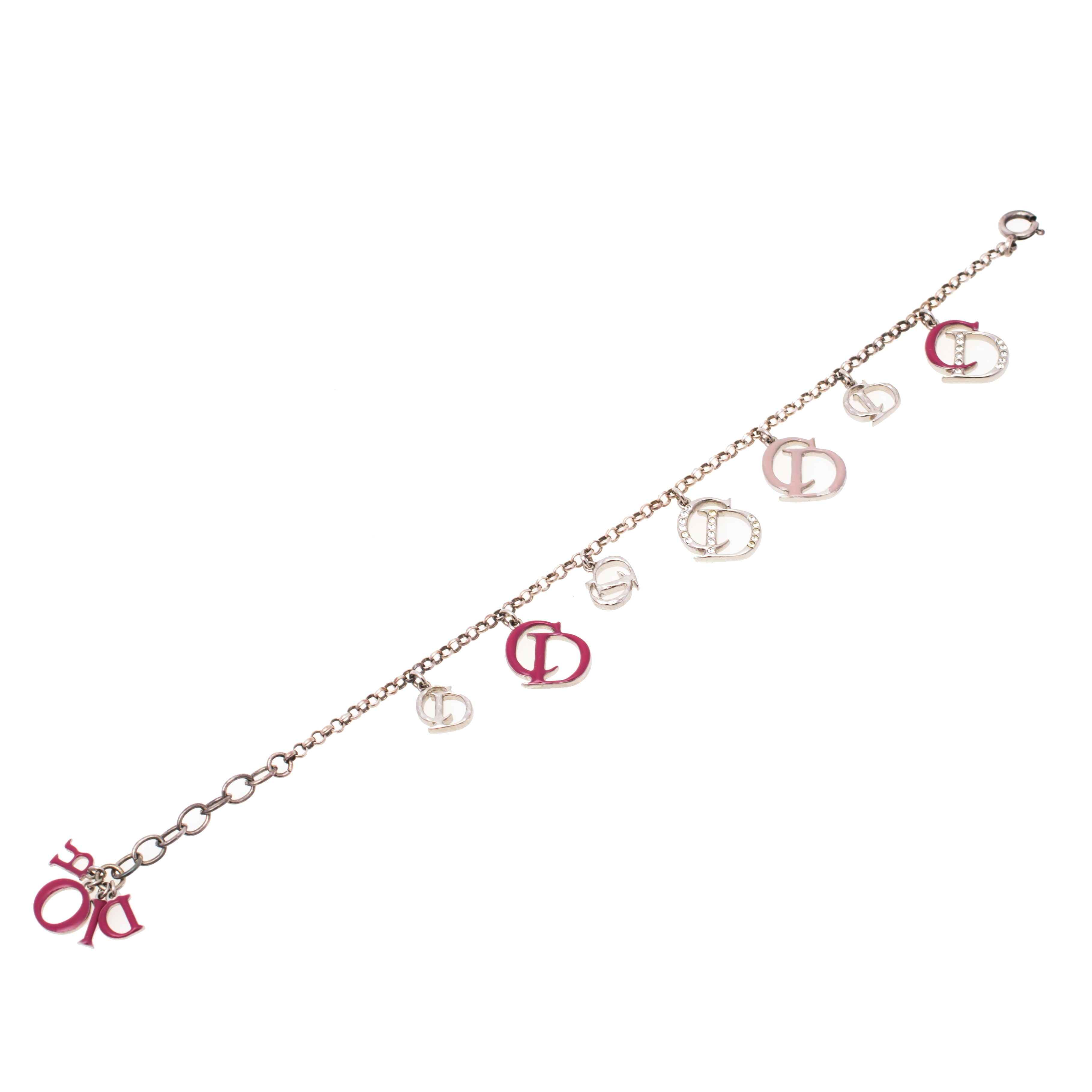 

Dior Silver Tone Enamel & Crystal CD Charms Bracelet