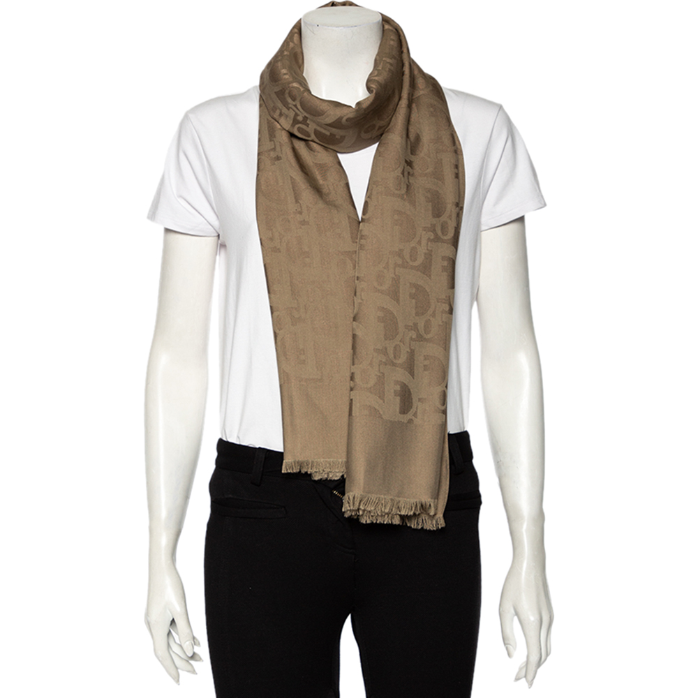 

Dior Taupe Silk & Wool Diorissimo Patterned Fringed Edge Scarf, Brown