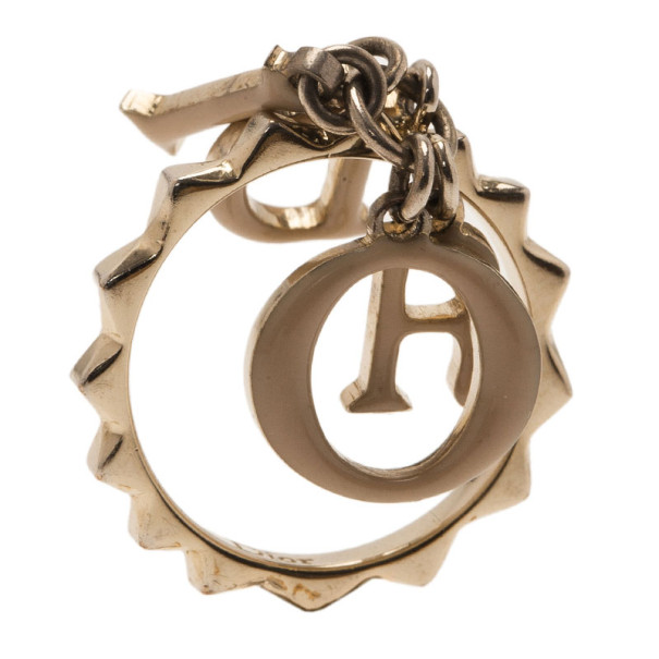 مملوكة مسبقًا Dior Letters Charm Beige Enamel Gold Tone Ring Size 52.5