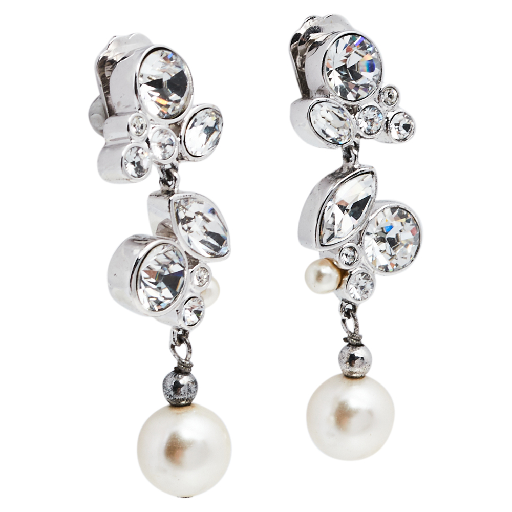 

Dior Silver Tone Crystal Pearl Drop Clip On Earrings