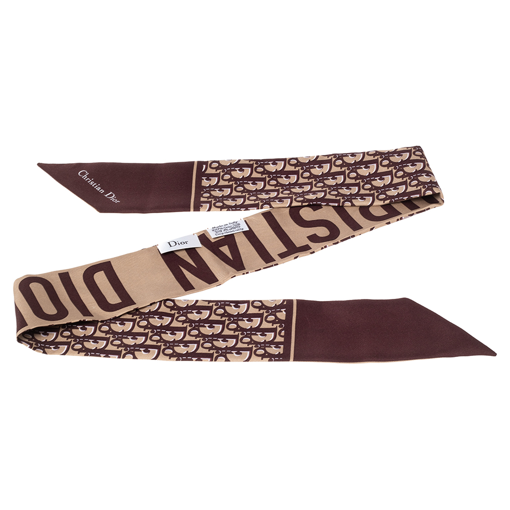 Pre Owned Dior Burgundy & Beige Oblique Silk Bandeau Scarf