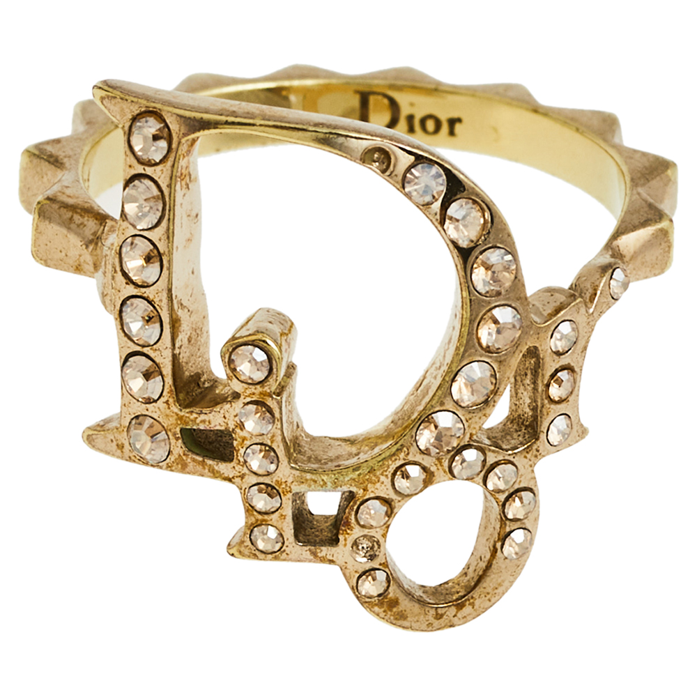 

Dior Gold Tone Crystal Studded Oblique Ring Size