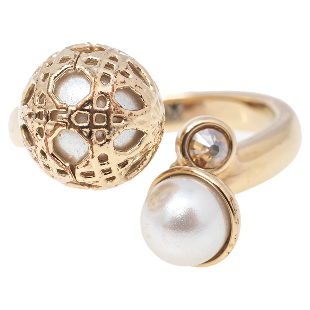 

Dior Secret Cannage Faux Pearl Crystal Gold Tone Open Ring Size