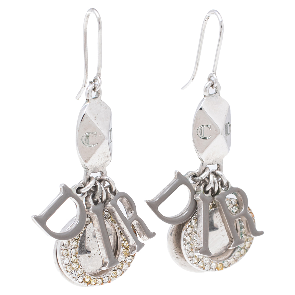 

Dior Letters Charm Grey Enamel Silver Tone Drop Earrings