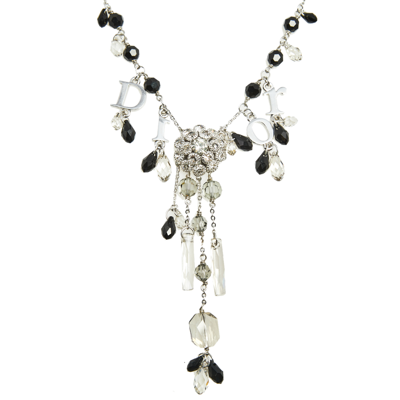 

Dior Silver Tone Crystal Embellished Logo Charm Necklace