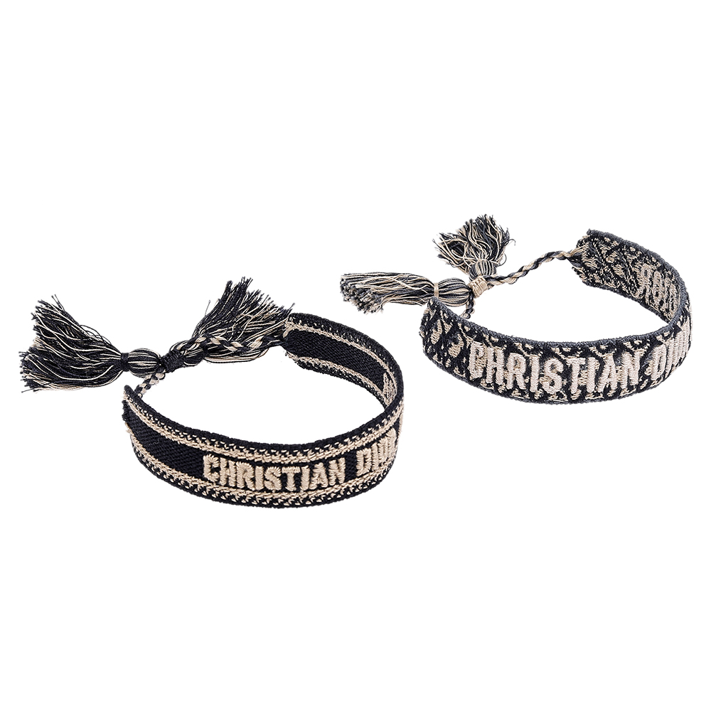

Dior J'adior Navy Blue Cotton Embroidered Dior Oblique Set of Two Bracelets, Black