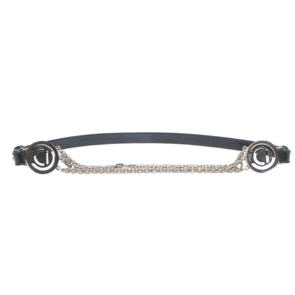 مملوكة مسبقًا Dior Black Patent Chain Detail Waist Belt 90CM