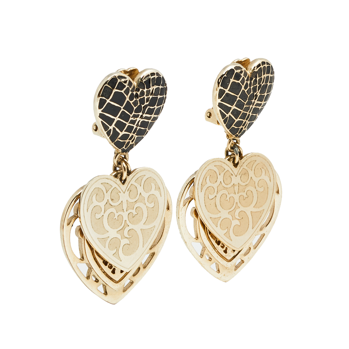 

Dior Vintage Gold Tone Enamel Heart Drop Clip On Earrings