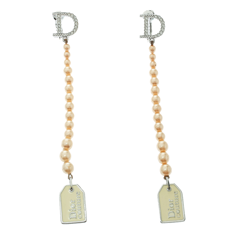 مملوكة مسبقًا Dior Couture Cream Faux Pearl Enamel Silver Tone Long Earrings