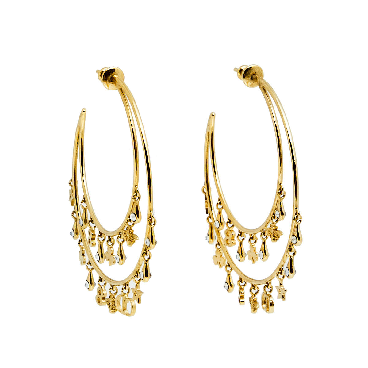 

Dior Gold Tone Crystal & Logo Charm Hoop Earrings