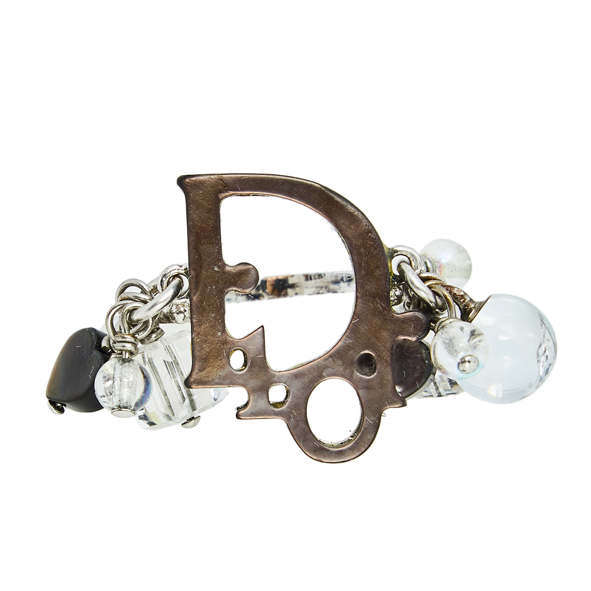 

Dior Grey/Silver Resin And Faux Crystal Logo Charm Ring Size EU 54