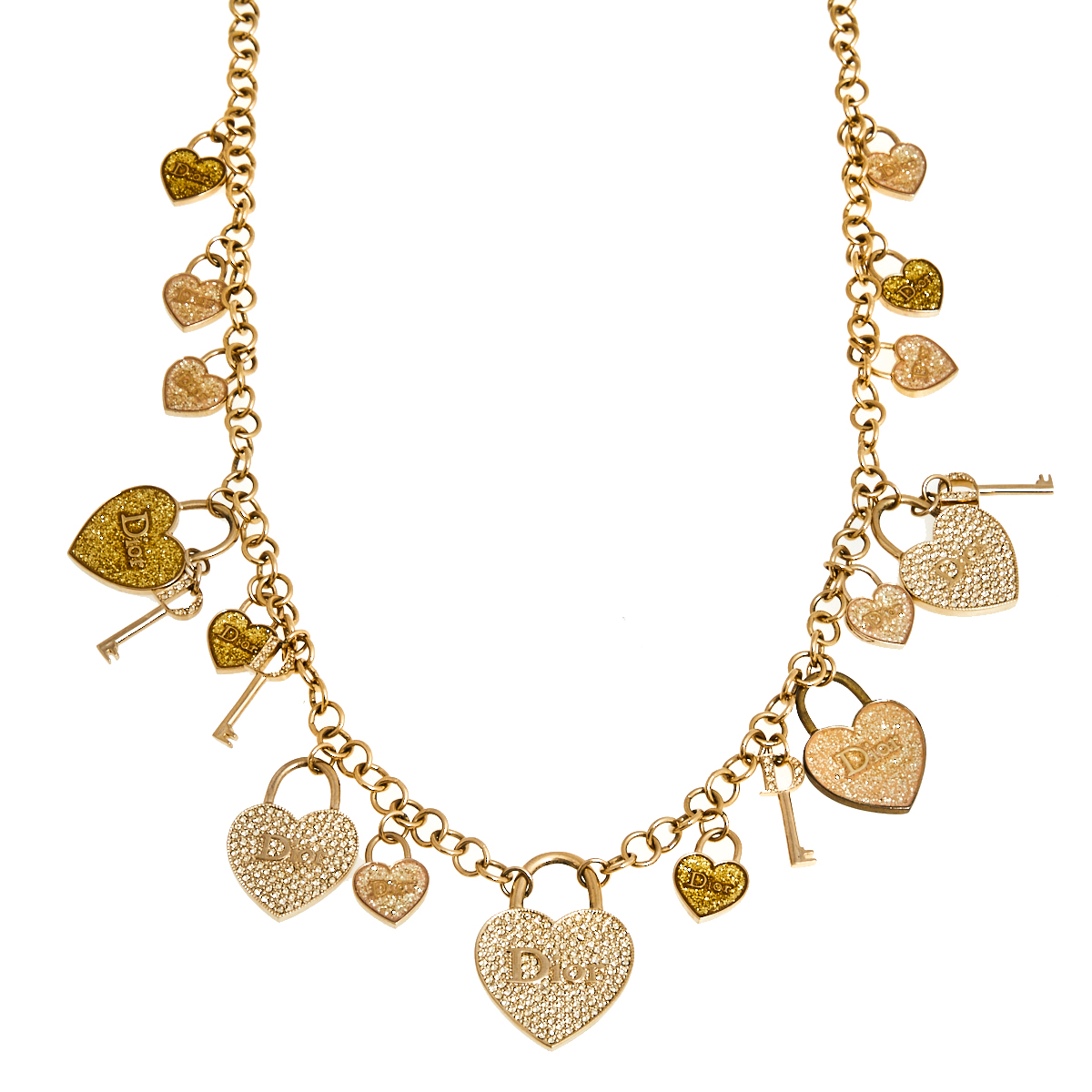 

Dior Gold Tone Crystal Heart and Key Multi Charms Long Necklace