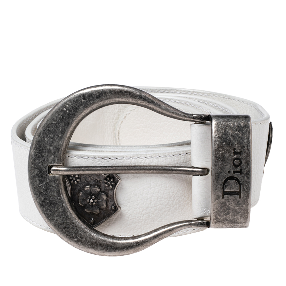 

Dior White Leather Gaucho Embellished Buckle Belt