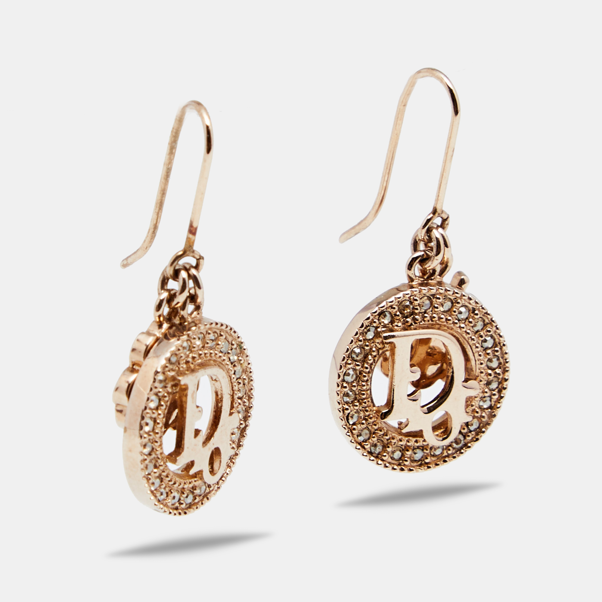 

Dior Gold Tone Crystal Logo & Clover Drop Hook Earrings