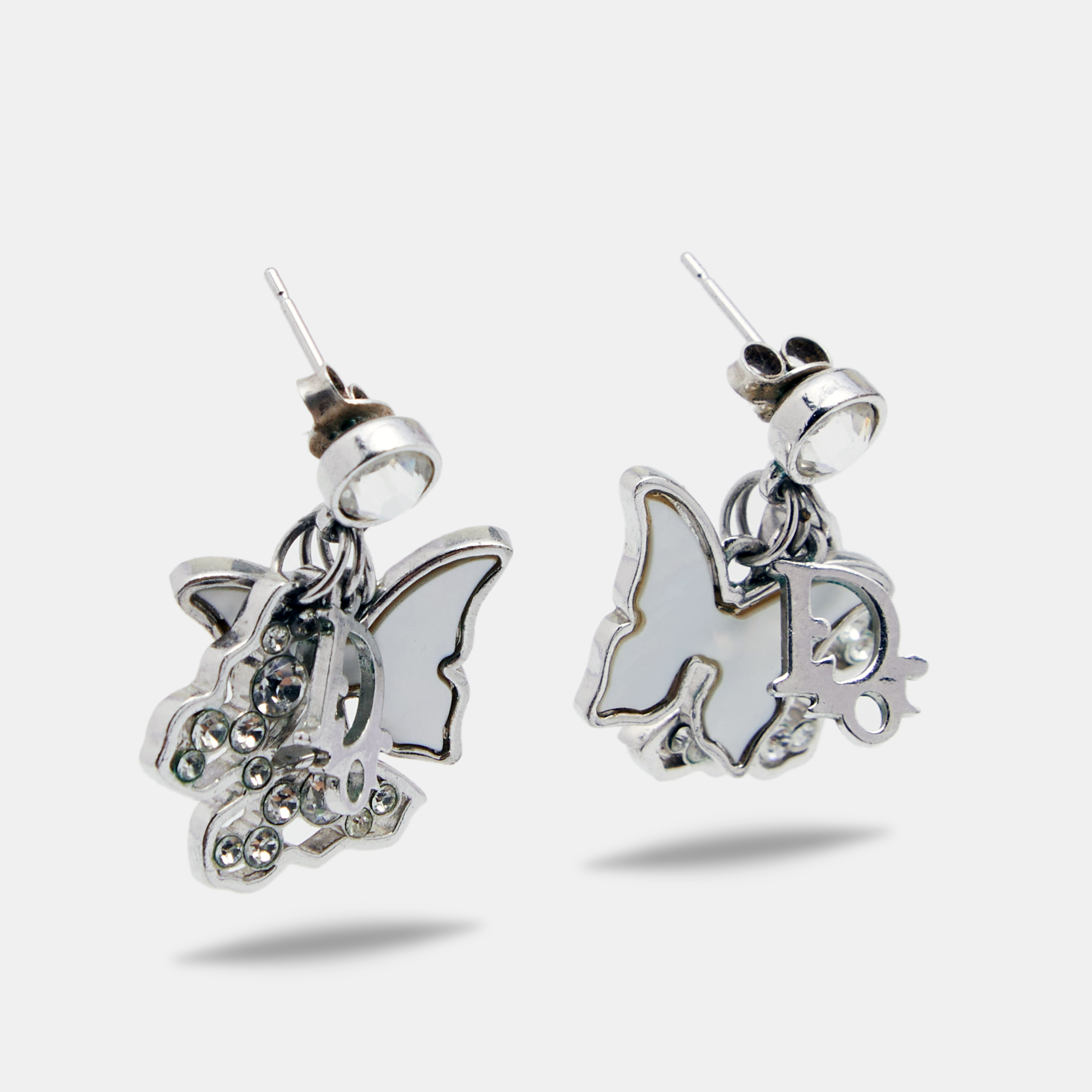 

Dior Oblique Mother of Pearl Crystals Butterfly Silver Tone Earrings