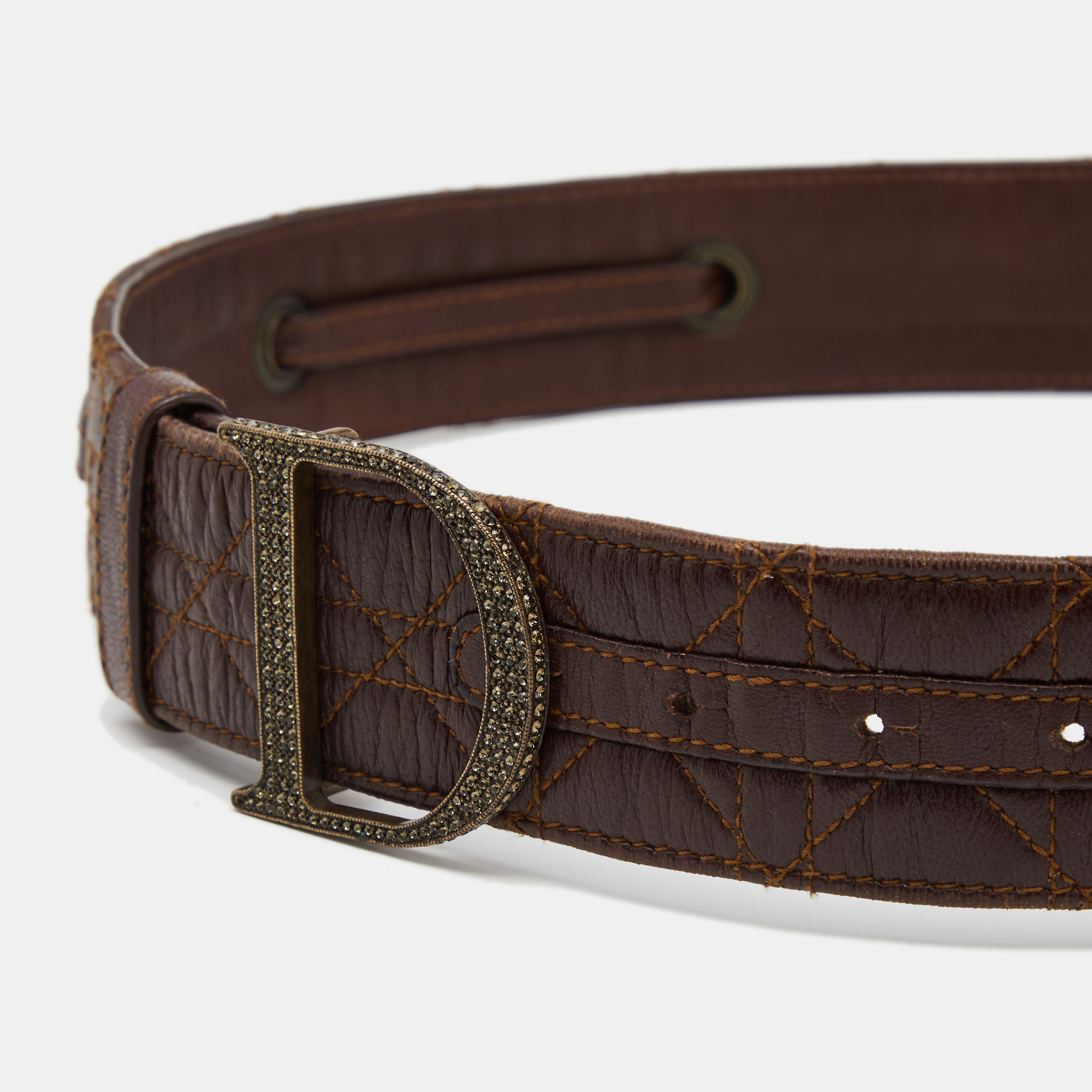 

Dior Brown Cannage Leather Crystal Embellished D Buckle Belt