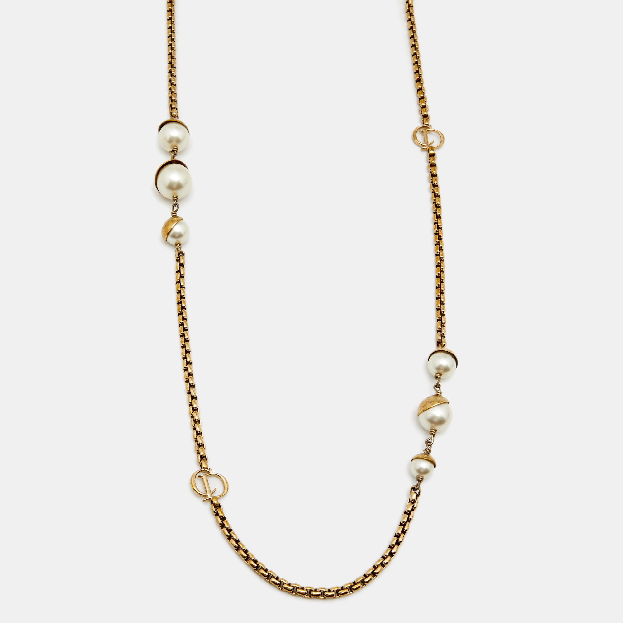 

Dior Faux Pearl Gold Tone Metal Long Necklace