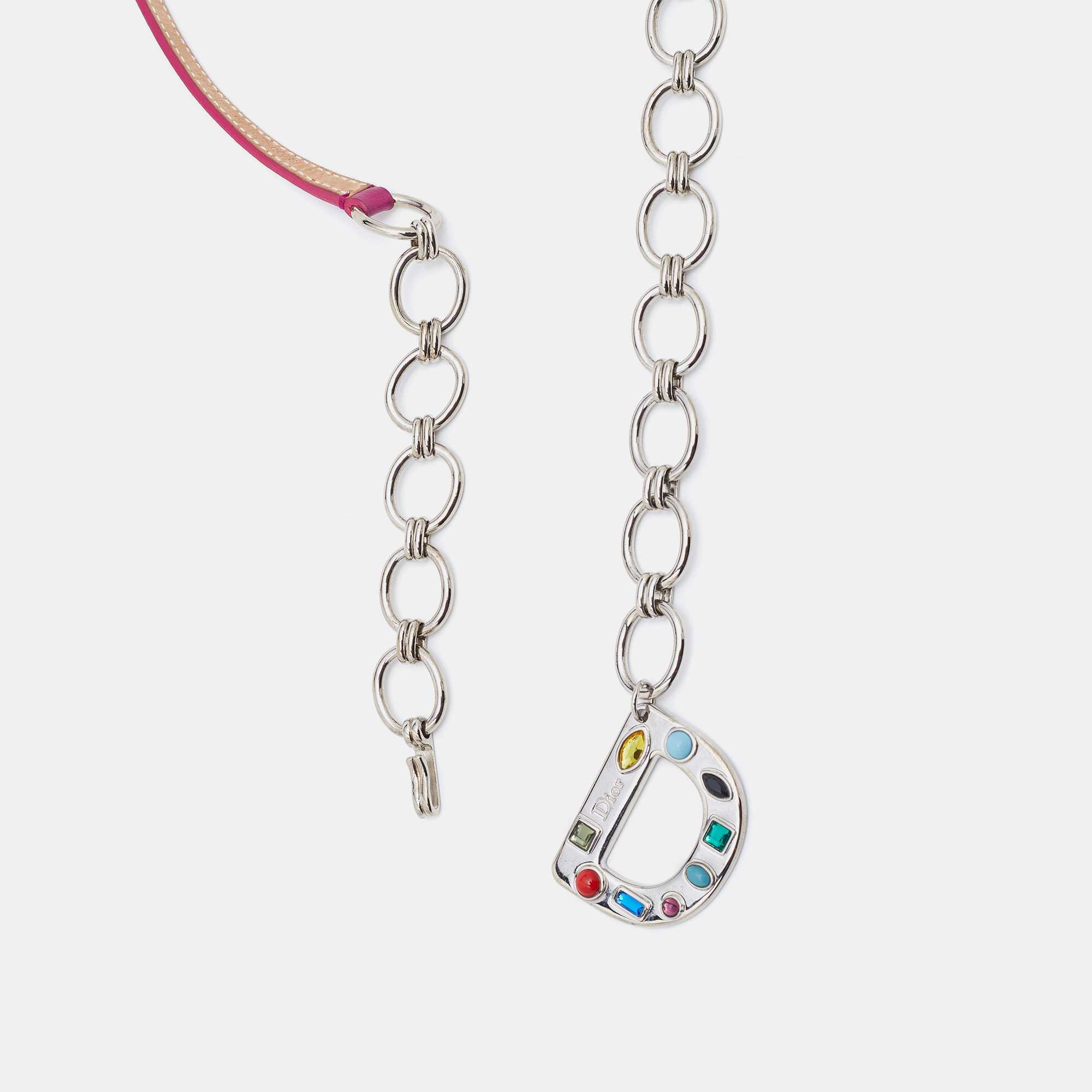 

Dior Magenta Leather Crystal Embellished Logo Chain Belt, Pink