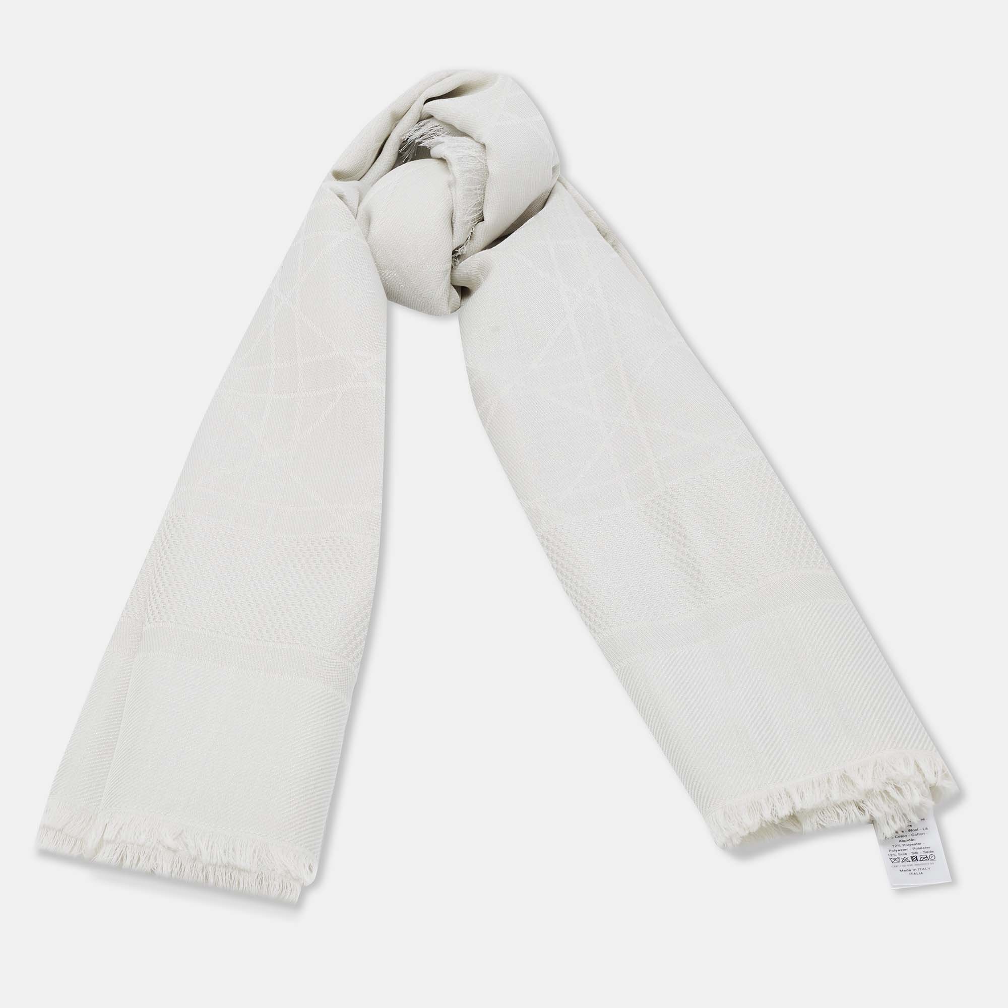 

Dior Ivory Cannage Patterned Wool & Silk Fringed Square Scarf, White