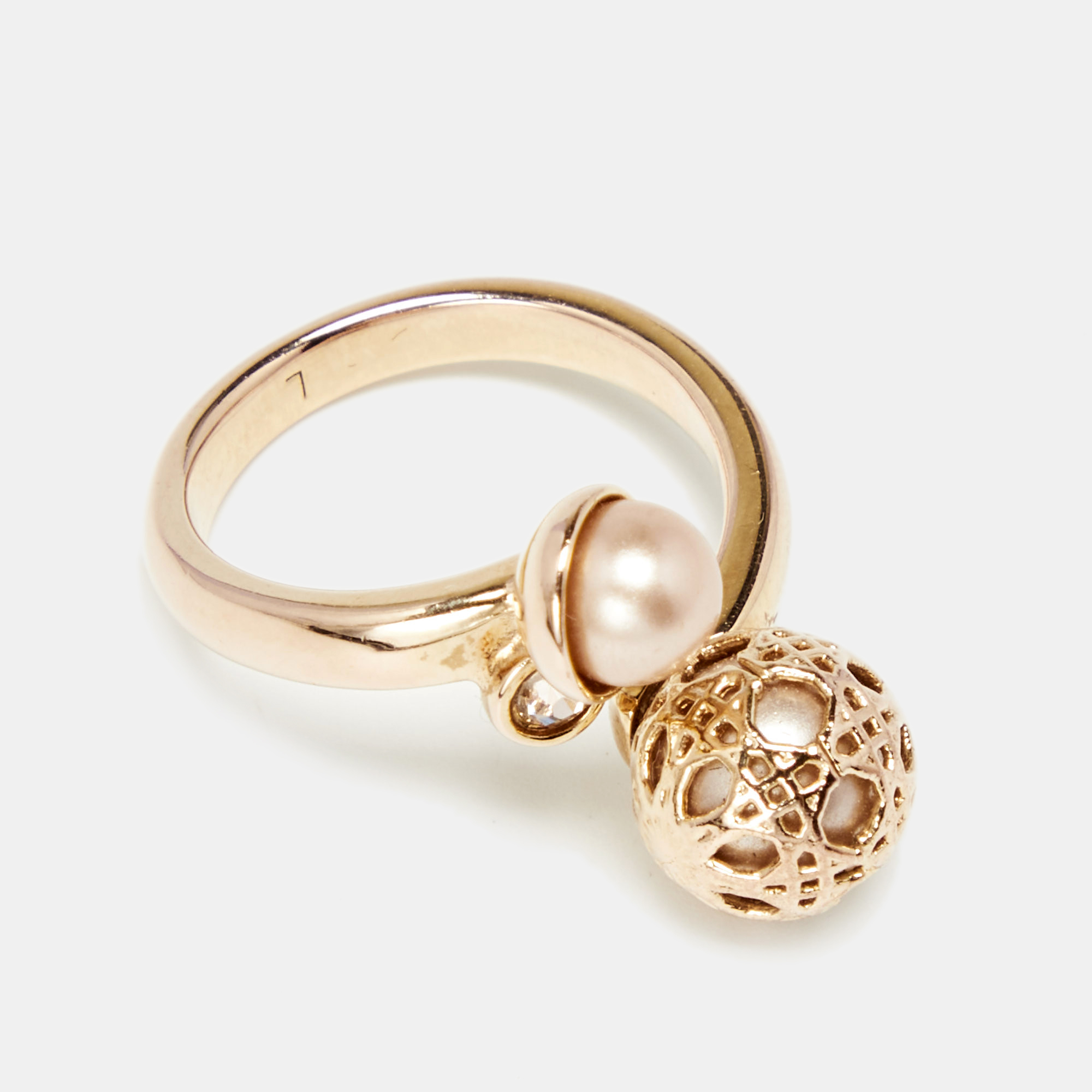 

Dior Secret Cannage Faux Pearl Crystal Gold Tone Open Ring Size