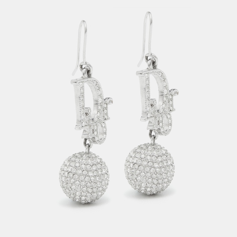 

Dior Silver Tone Oblique Crystal Ball Charm Hook Earrings