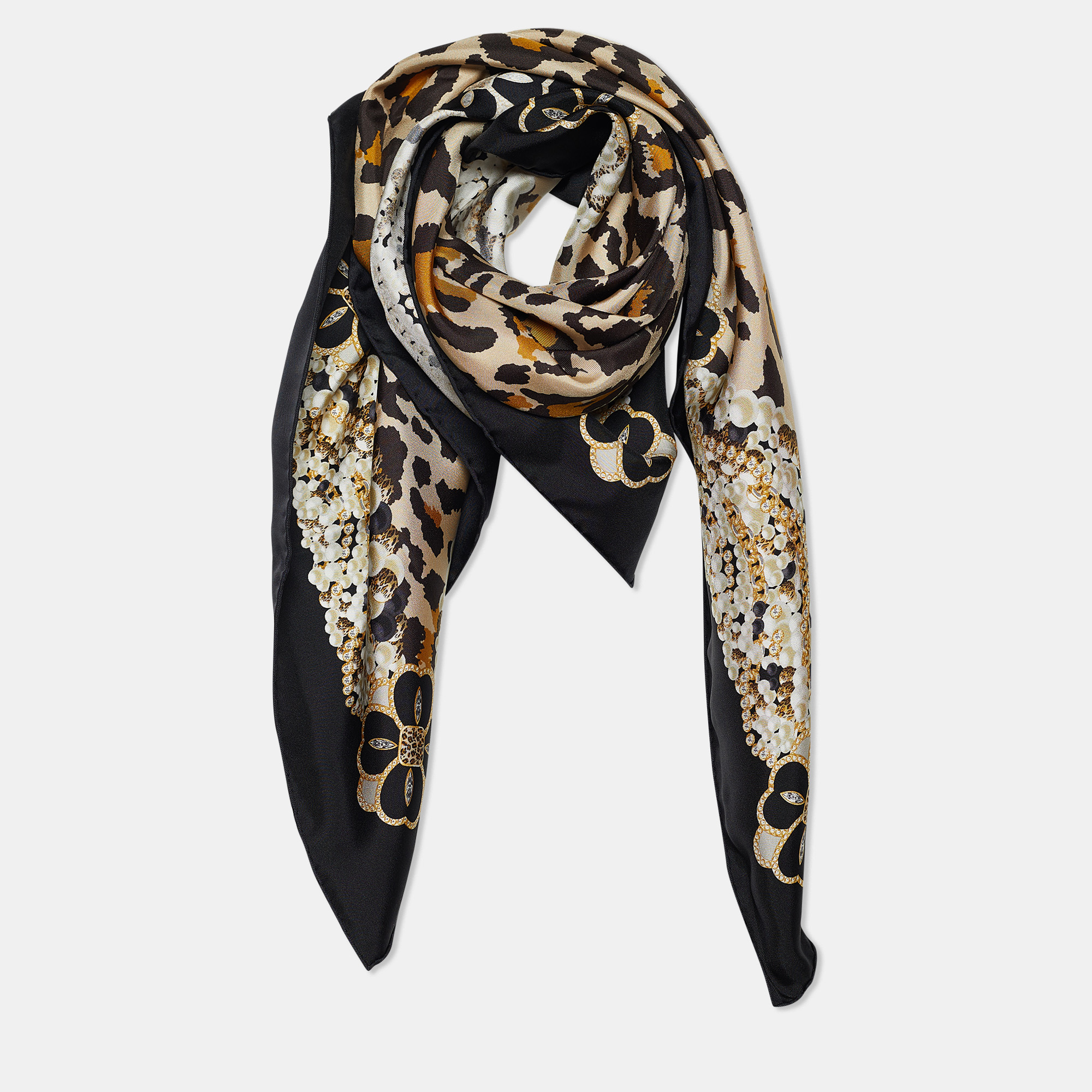 

Dior Beige & Black Animal Bejeweled Print Silk Scarf