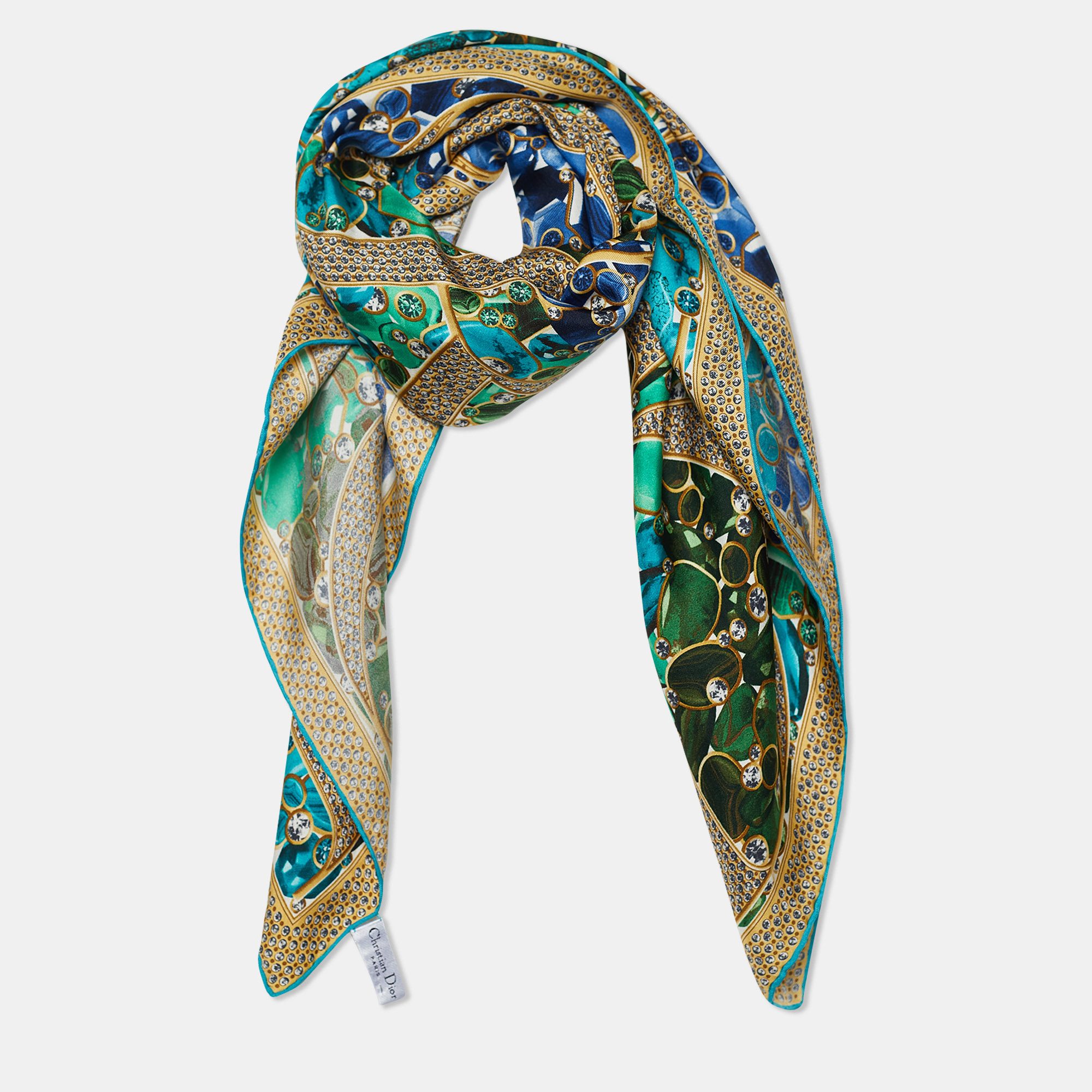

Dior Blue & Green Bejelwed Print Silk Scarf