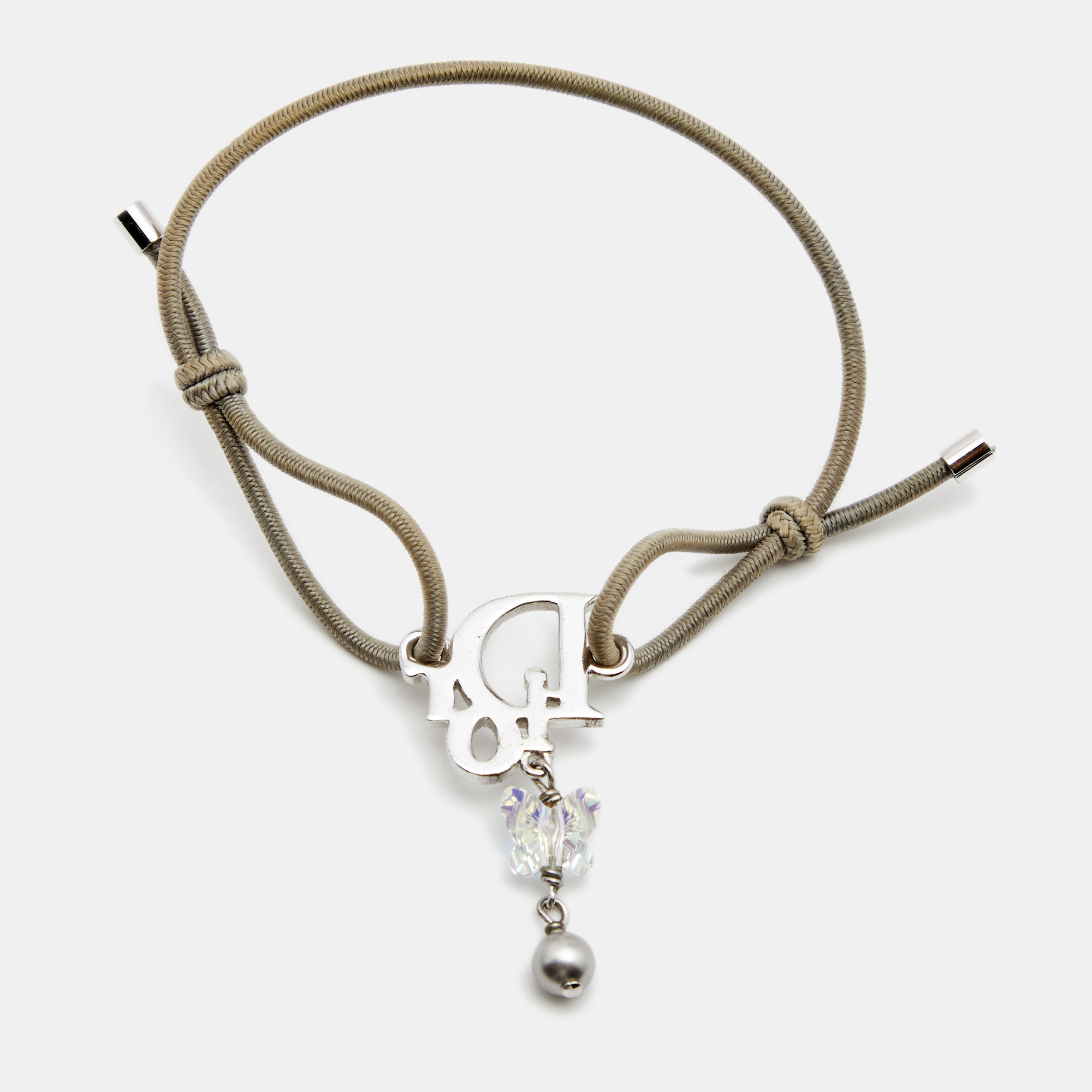 

Dior Silver Tone Crystal Oblique Butterfly Charm Cord Bracelet