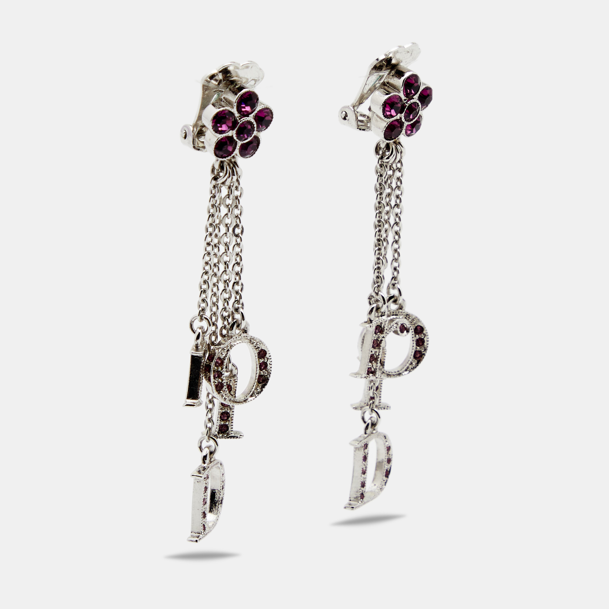 

Dior Silver Tone Pink Floral Crystal Clip On Drop Earrings