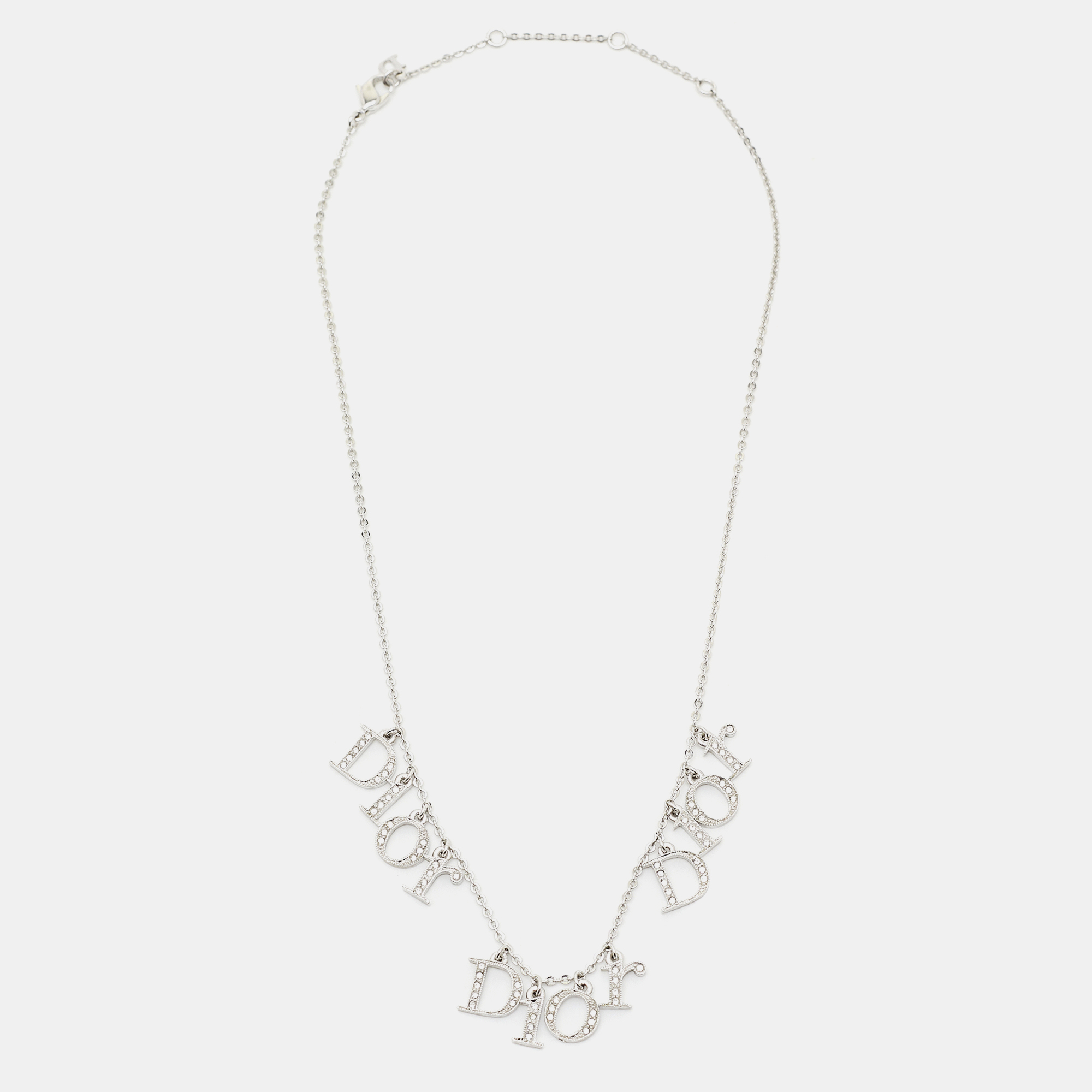 

Dior Vintage Silver Tone Crystal Logo Charms Pendant Necklace