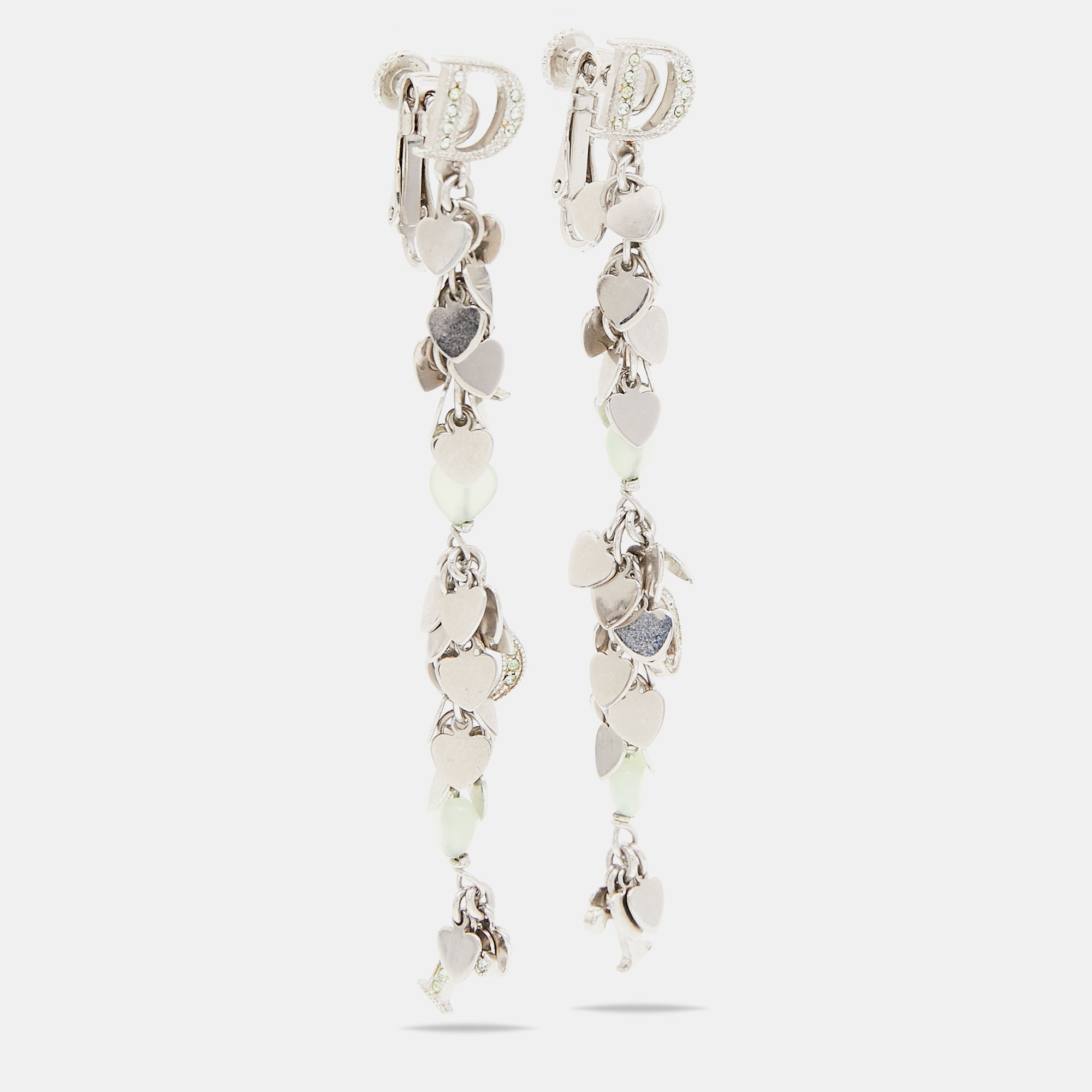 

Dior Silver Tone Heart & Logo Charms Clip On Earrings