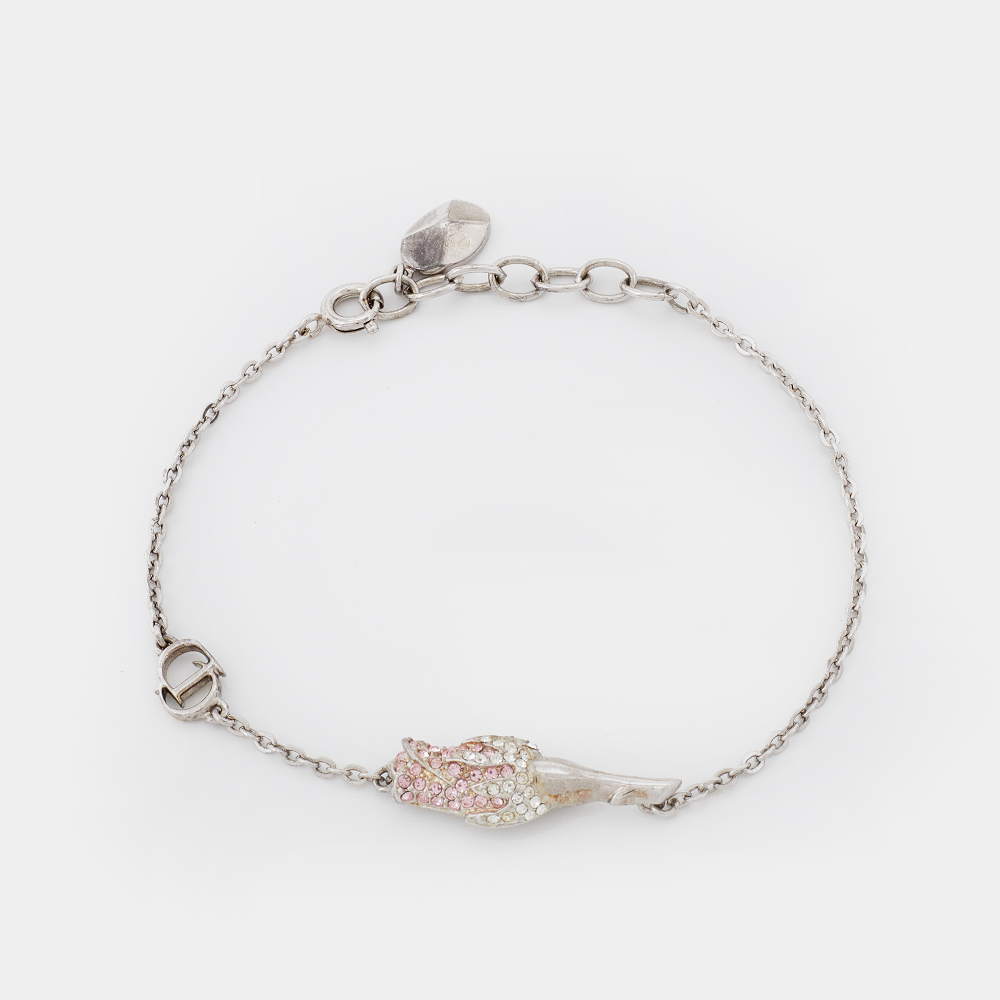 

Dior Silver Tone Crystal Studded Rose Chain Necklace