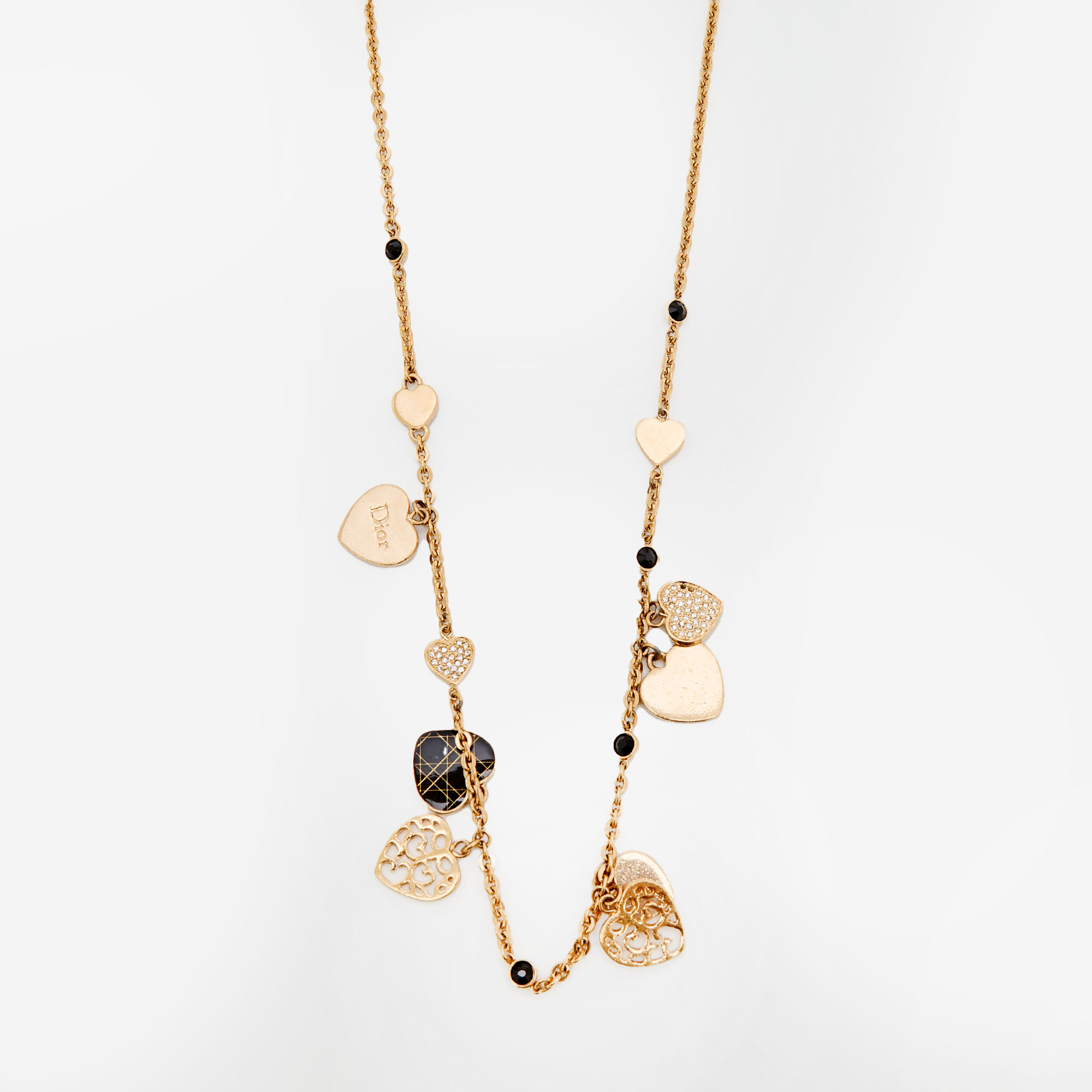 

Dior Gold Tone Crystal Heart Charms Chain Necklace